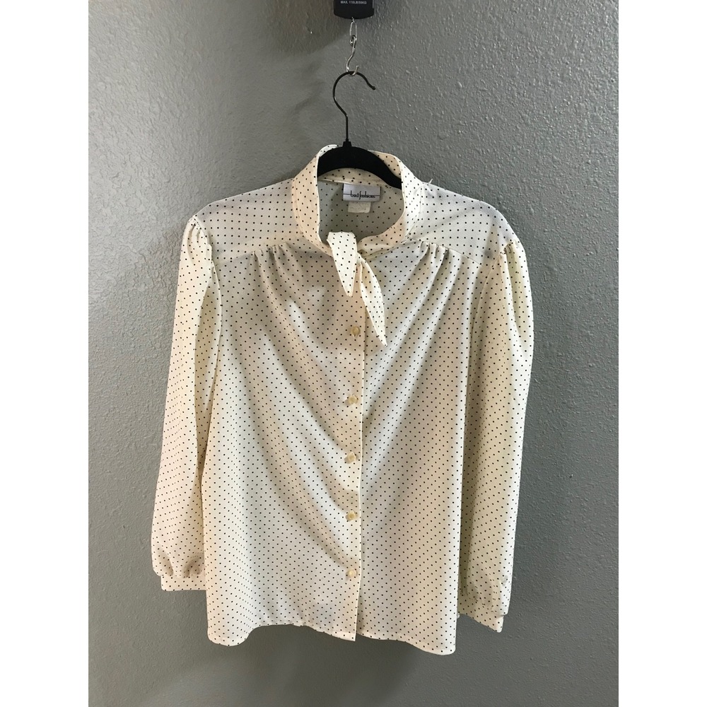 Vintage Bud Fashions Polka Dot Bow Blouse Cream Black Button Front Size 10